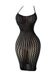 OYOANGLE Women's Fishnet Halter Bodycon Lingerie Dress Sexy Hollow Out See Through Sleeveless Chemise Black One Size