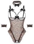 Avidlove Womens Lingerie Bodysuit 4 Piece Set Sheer Mesh Teddy Babydoll with Detachable Collar and Wrist Cuffs