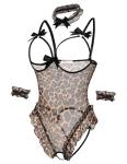 Avidlove Womens Lingerie Bodysuit 4 Piece Set Sheer Mesh Teddy Babydoll with Detachable Collar and Wrist Cuffs
