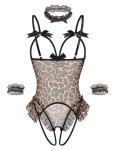 Avidlove Womens Lingerie Bodysuit 4 Piece Set Sheer Mesh Teddy Babydoll with Detachable Collar and Wrist Cuffs