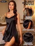 RSLOVE Women's Lingerie Sexy Satin Nightgown - V Neck Lace Babydoll Slip Chemise with Adjustable Straps Sleepwear Black Small