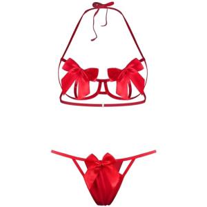 EASYLONGJEE Sexy Womens Exotic Lingerie Sets, Bow Tie Hot Cute Teddy 2 Piece Lingerie Set Christmas Valentines Lingerie Red Onesize 2-8
