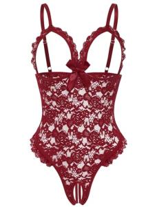 Avidlove One Piece Lingerie Sexy Teddy Ruffle V Neck Bodysuit Lace Nightie Wine Red
