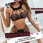 Famstar Sexy Lingerie for Women Naughty Fishnet Lingerie Set Bodysuit Outfits Teddy Erotic Sheer Mesh Lingerie Black