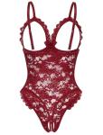 Avidlove One Piece Lingerie Sexy Teddy Ruffle V Neck Bodysuit Lace Nightie Wine Red