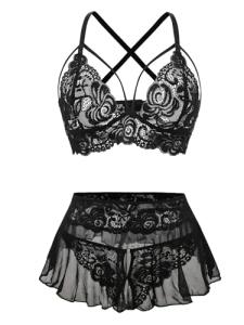 Foxiny Sexy Mini Skirt with Thong Floral Lace Sheer Bralette Lingerie Set 3 Piece Otufits Women See Through Bra Panty Strappy Black Medium