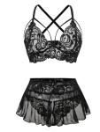 Foxiny Sexy Mini Skirt with Thong Floral Lace Sheer Bralette Lingerie Set 3 Piece Otufits Women See Through Bra Panty Strappy Black Medium