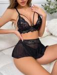 Foxiny Sexy Mini Skirt with Thong Floral Lace Sheer Bralette Lingerie Set 3 Piece Otufits Women See Through Bra Panty Strappy Black Medium