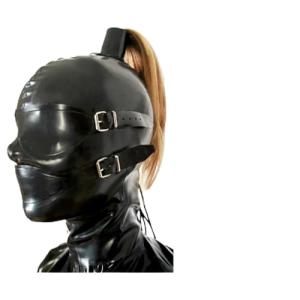 Latex Hood with Eye Patch and Braids, Sex Face Mask with Zipper and Plait, for BDSM, Party, Cosplay, Holiday (S)