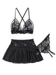 Foxiny Sexy Mini Skirt with Thong Floral Lace Sheer Bralette Lingerie Set 3 Piece Otufits Women See Through Bra Panty Strappy Black Medium