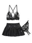 Foxiny Sexy Mini Skirt with Thong Floral Lace Sheer Bralette Lingerie Set 3 Piece Otufits Women See Through Bra Panty Strappy Black Medium
