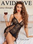 Avidlove Lingerie for Women Sexy Lace Up V Neck Babydoll Floral Sleepwear Strap Boudoir Outfit Black Large
