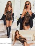 Avidlove Lingerie for Women Sexy Lace Up V Neck Babydoll Floral Sleepwear Strap Boudoir Outfit Black Large