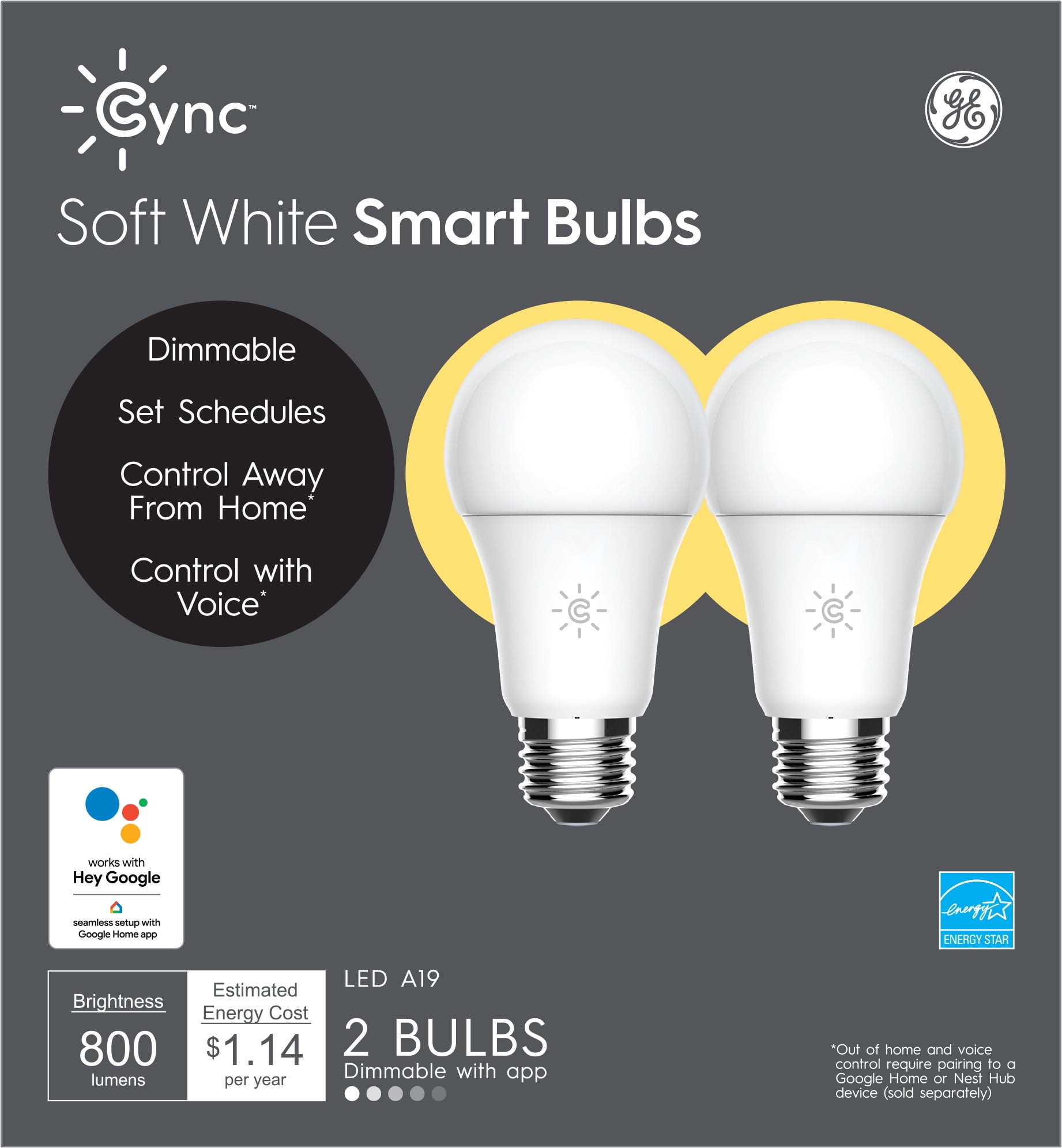 GE CYNC Smart LED Light Bulbs, 2-Pack