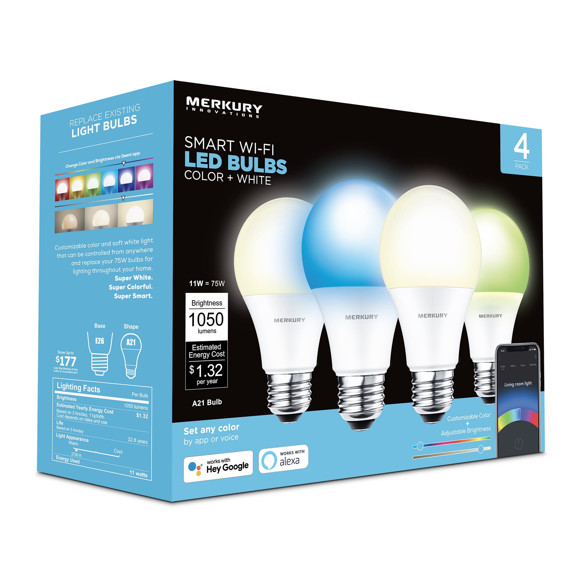 Merkury Innovations Smart Color Wi-Fi Bulbs (4 Pack)