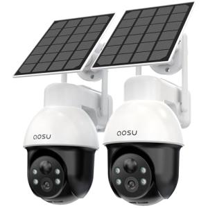 AOSU 3K/5MP Solar Security Cameras System Wireless Outdoor, Battery Powered WiFi Camera for Home Security, Panoramic PTZ, Auto Tracking, Human/Vehicle Detection, Color Night Vision (2 Pack)