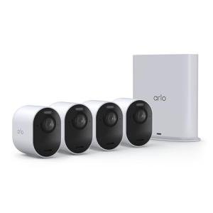 Arlo Ultra Security Outdoor Camera 4K HDR (3rd Gen, 2025 Release) + SmartHub, Battery Power, Emergency Response, AI Event Captions, 1-Month Trial of Secure Plan, 180° Field of View, 4 Cam, White
