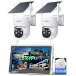VORGUT Solar Security Cameras Wireless Outdoor with 10'' Monitor, 2pcs 2K Solar Powered Camera System, 360° PTZ, Color Night Vision,Human Detection,10CH NVR with 500GB HDD,2.4G/5G WiFi,No Monthly Fee