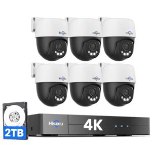 【4K HD+360°View】 Hiseeu 4K PoE Security Camera System, 6 Pcs 8MP PTZ Wired Security Camera Outdoor&Indoor, Auto Human Tracking, Free Remote Access, 2 Way Audio, Plug and Play, 2TB HDD for 7/24 Record