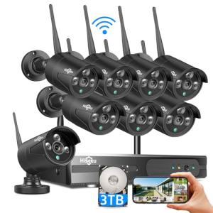 Hiseeu Wireless Security Camera System, 16CH NVR 5MP Outdoor WiFi Cameras, 8-Cam Kit, Plug-in Home Security System, Motion Detection, IP66, 3TB HDD, No Monthly Fees