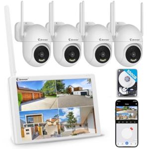Jennov 5MP Wireless Security Camera System with Monitor, 10CH NVR Kit for Home & Business Surveillance, 4 Cameras with 500GB HDD, Night Vision, 24/7 Motion Detection, No Monthly Fee, Indoor Outdoor