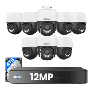 [12MP +Human Tracking] Hiseeu 12MP PoE PTZ Security Camera System, 8 Pcs Wired Security Cameras, 360°View, 2 Way Audio, 0 Monthly Fee, 4TB HDD 8 Port 16Ch PoE NVR，Home CCTV Surveillance Outdoor&Indoor