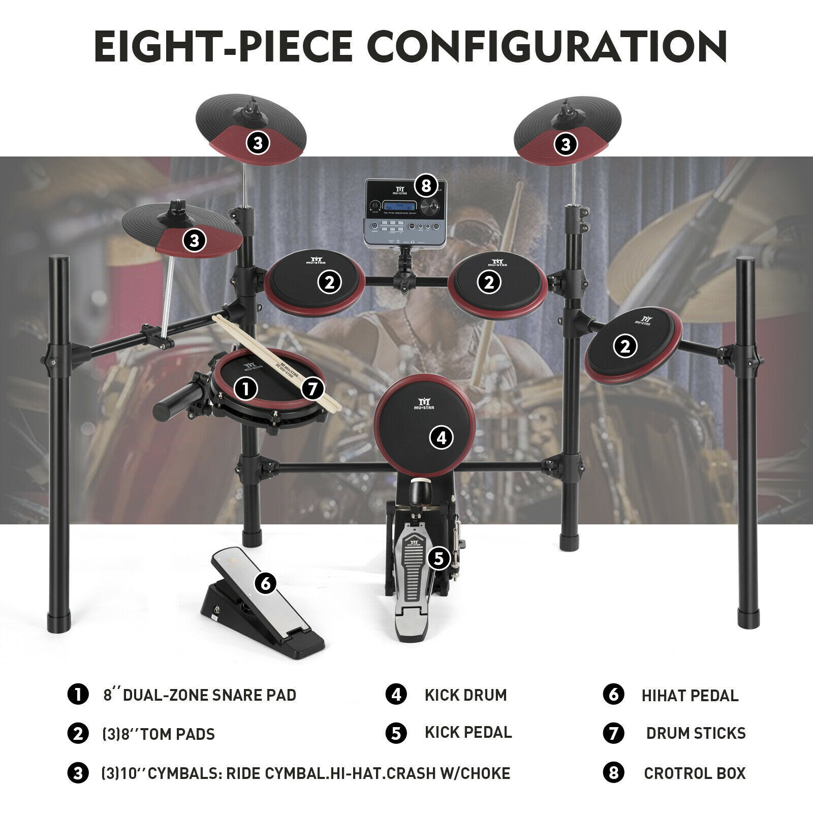 8-Piece Electric Drum Set with Mesh Pads