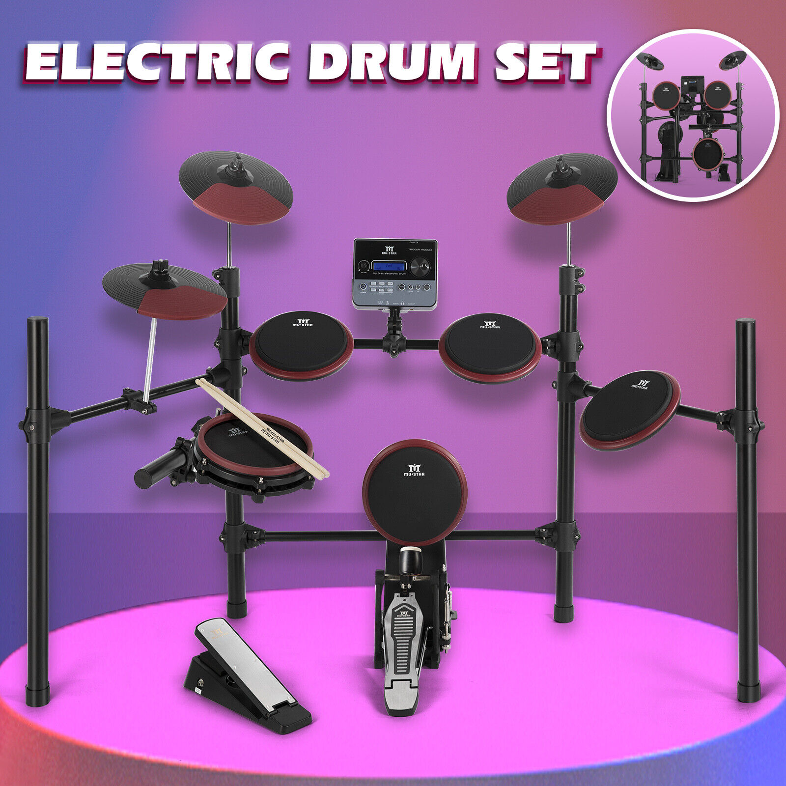 8-Piece Mesh Electric Drum Set with MIDI Cables