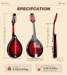 Vangoa Mandolin Musical Instrument A Style Acoustic Electric, 8 Strings Mahogany for Beginner Adults Teens, Red Burst