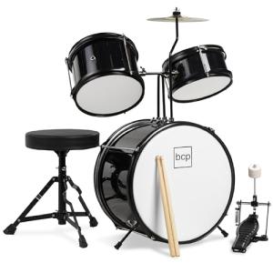 Best Choice Products 3-Piece Beginner Drum Set for Kids Juniors, w/Throne Stool, Cymbal, Drum Sticks, Bass Drum Pedal, 2 Toms - Black