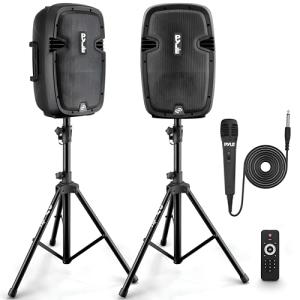 Pyle Portable Bluetooth PA Speaker System Kit - 700W Powered Active & Passive 8" Speakers with Stands, Wired Microphone, Remote Control, and Tripod Mounts - USB/SD/MP3/AUX Inputs - Plug & Play Kit