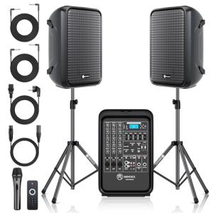 NBVOICE Professional Portable All-in-One Integrated 2-Way PA System Fixed Setup, Suitcase Design w/ 8-Channel Mixer, 2 Speaker Stands, Bluetooth, Mic for Performances, Presentations