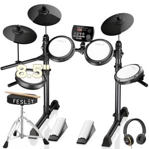 Fesley FED150W Electric Drum Set: Dual Zone Snare Drum,2 Cymbals w/Choke, 200 Sounds, 4 Quiet Mesh Drum Pads, Portable Electronic Drum Kit for Beginner, Bluetooth, MIDI, Throne, Headphone, Sticks