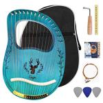 Lyre Harp 16 Strings: Solid Mahogany Wooden Body Metal Strings Musical Instrument - Accessory with Tuning Wrench and Durable Gig Bag