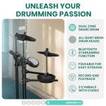 Fesley FED150W Electric Drum Set: Dual Zone Snare Drum,2 Cymbals w/Choke, 200 Sounds, 4 Quiet Mesh Drum Pads, Portable Electronic Drum Kit for Beginner, Bluetooth, MIDI, Throne, Headphone, Sticks