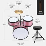 Best Choice Products 3-Piece Beginner Drum Set for Kids Juniors, w/Throne Stool, Cymbal, Drum Sticks, Bass Drum Pedal, 2 Toms - Pink Sparkle