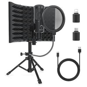 Studio Recording Microphone Isolation Shield with Pop Filter and Metal Tripod Stand, Studio Mic to PC Laptop Smartphone, Music Microphone for Recording Singing Podcasting