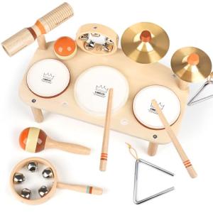 Kids Drum Set - Montessori Toys for 2 Year Old Boy Girl Birthday Gifts, 11 in 1 Wooden Musical Instruments for Toddlers 2-3, Musical Activity Table Preschool Learning Toys for Baby 18+ Months