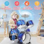 Kids Drum Set for Toddlers Musical Jazz Drum with Stool Toys for 3-5 4-6 5-7 Boys Girls Birthday, Blue
