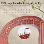 VixxNoxx Lyre Harp, 19-String Mahogany Lyra Harp Kit, Stringed Musical Instruments with Tuning Wrench Bag Instructions Extra Strings for Beginners Adults