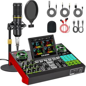 Podcast Microphone Bundle with Live Sound Card Audio Mixer, Podcast Equipment Bundle with 3.5mm Condenser Microphone for Pc/Phone Live Streaming Singing Gaming, Sound Board with Voice Changer, Denoise