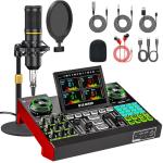 Podcast Microphone Bundle with Live Sound Card Audio Mixer, Podcast Equipment Bundle with 3.5mm Condenser Microphone for Pc/Phone Live Streaming Singing Gaming, Sound Board with Voice Changer, Denoise