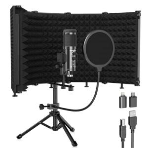 Riworal Studio Recording Microphone Isolation Shield with Pop Filter &Tri-Stand Kit Music Recording USB Condenser Mics to Laptop Pc Mac Phone Equipment for Singing Song