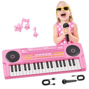 Upgraded Kids Piano Keyboard – 37 Keys Toddler Keyboard with Microphone Learning Instrument Musical Toys for 3 4 5 6 Boys Girls Birthday Gift, Pink