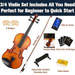Mendini By Cecilio 3/4 Violin Set For Beginners - Fiddle Solidwood Kit with Hard Case - Acoustic Violin with Bow, Rosin, Tuner, Extra Strings & Bridge, Shoulder Rest and Lesson Book (Satin Antique)