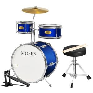 MOSEN Drum Set 3-Piece Beginner Drum Set Junior Drum Kit with Adjustable Throne, Cymbal, Pedal & Drumsticks Drums with Bass Tom Snare Drum - Blue