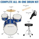 MOSEN Drum Set 3-Piece Beginner Drum Set Junior Drum Kit with Adjustable Throne, Cymbal, Pedal & Drumsticks Drums with Bass Tom Snare Drum - Blue
