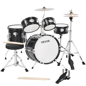 VEVOR Kids Drum Set, 5-Piece 14 in Junior Drum Sets, Beginner Drums Set with Adjustable Throne, Cymbal & Two Pairs of Drumsticks, Musical Learning Drums Instruments Kit, for Children Ages 6-13(Black)
