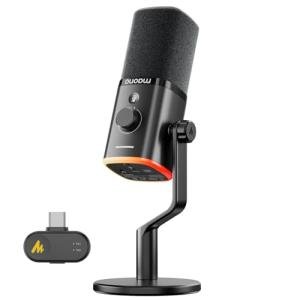 MAONO PD100W Wireless/USB Microphone, PC Gaming Mic with One-Click Noise Reduction,Mute Button,Custom RGB, 3.5mm Headphone Jack, Desktop Dynamic Streaming Mic for Recording,Podcasting, Black