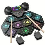 2025 Upgrade Electronic Drum Set 9-Pad Roll-Up – Portable Silicone Drum Kit with 2 Pedals, Built-in Speakers, MIDI & Headphone Jack – Ideal for Practice & Travel (Stripe pattern)